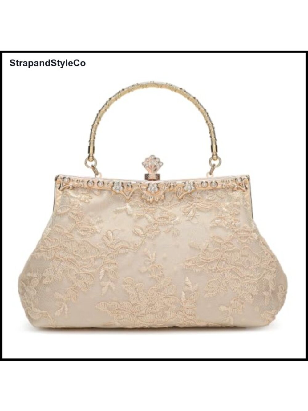 Vintage Lace Floral Clutch Evening Bag with Rhinestone Handle